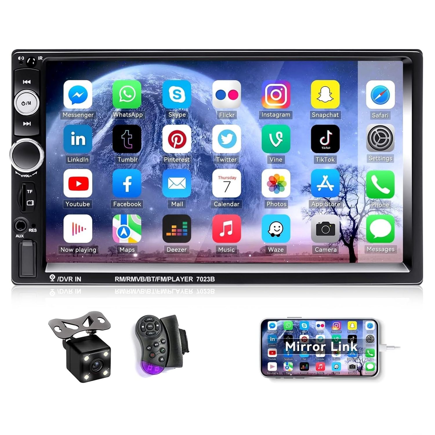 7 Inch Double Din Car Stereo with Bluetooth, Backup Camera &amp; Mirror Link