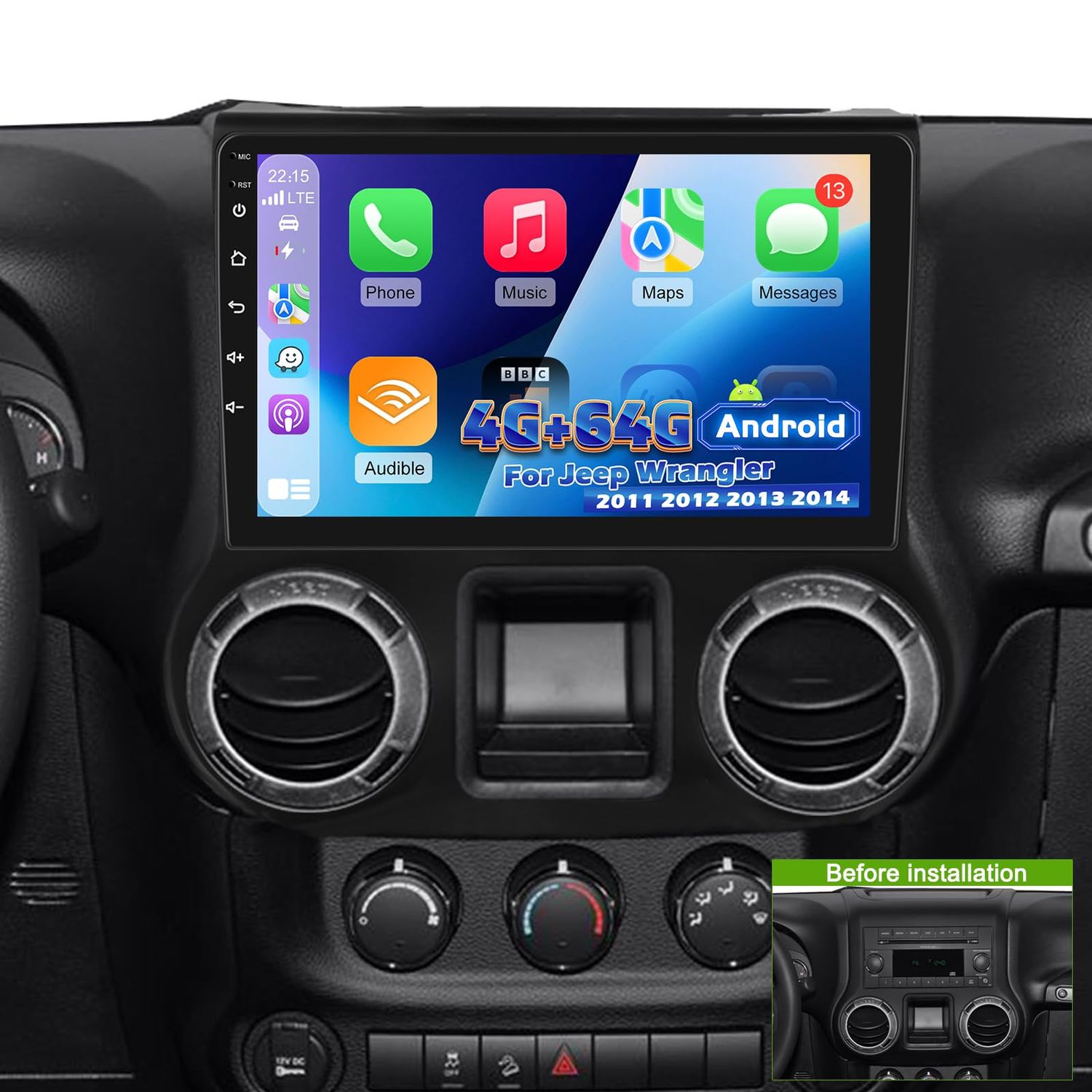 Jeep Wrangler 2011-2014 Car Stereo with CarPlay, Android &amp; Backup Camera