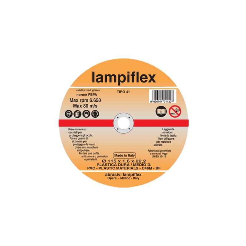 DISCO ABRASIVO TAGLIO PVC LAMPIFLEX| MM 115X22,2 |H.MM 1,6| CF. 25 PZ DISCO ABRASIVO TAGLIO PVC LAMPIFLEX| MM 115X22,2 |H.MM 1,6| CF. 25 PZ
