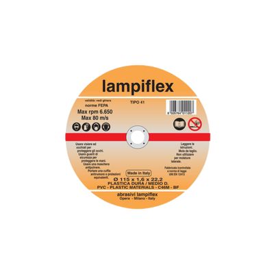 DISCO ABRASIVO TAGLIO PVC LAMPIFLEX| MM 115X22,2 |H.MM 1,6| CF. 25 PZ DISCO ABRASIVO TAGLIO PVC LAMPIFLEX| MM 115X22,2 |H.MM 1,6| CF. 25 PZ