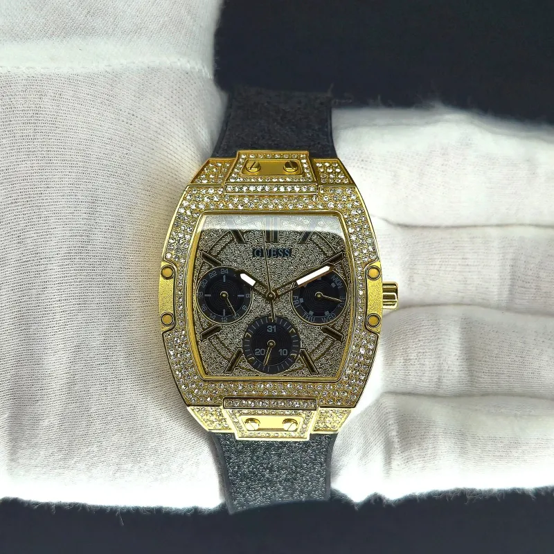 Genuine Guess Watch Men&#39;s 36mm Black/Gold Watch with Stones, Box and Papers (U85110G2)