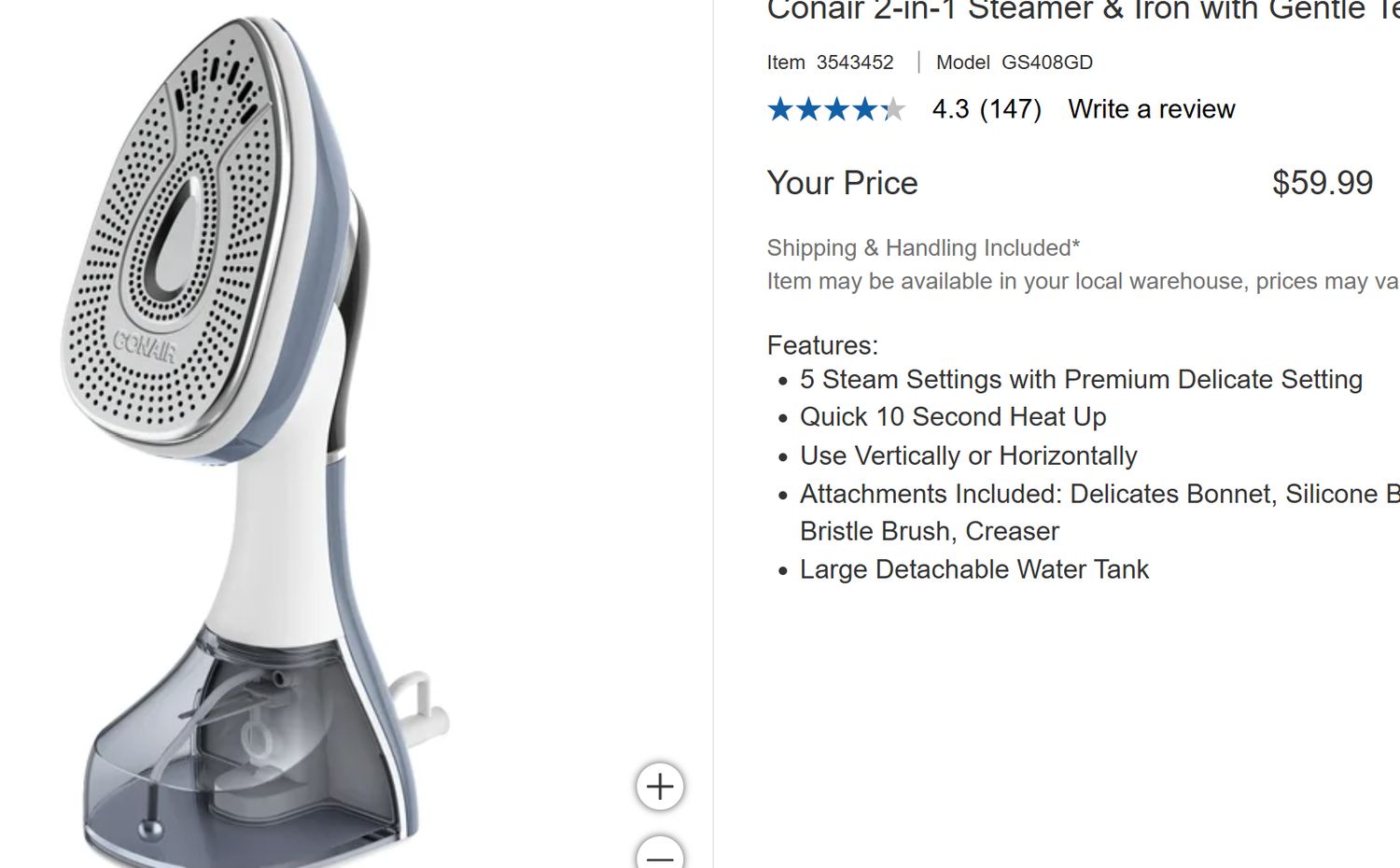 CONAIR HANDHELD STEAMER RETAIL $60