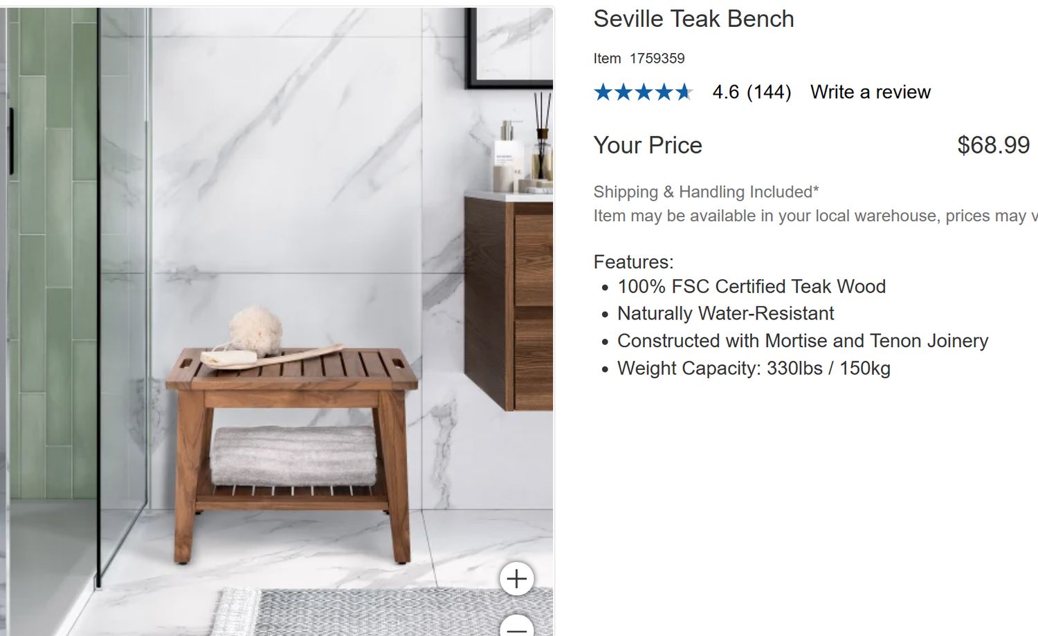 SEVILLE TEAK BENCH RETAIL $69