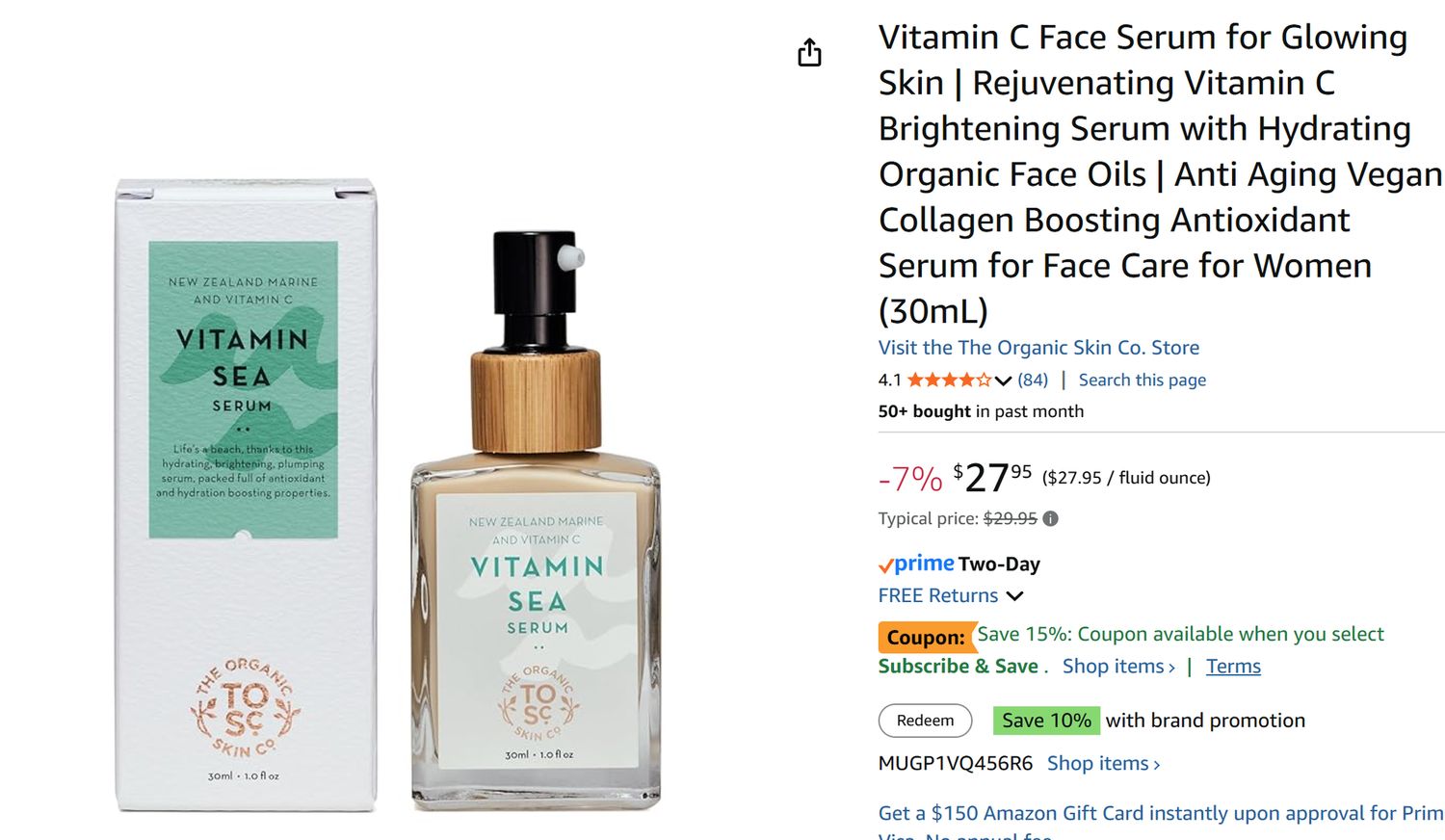 Vitamin C Face Serum for Glowing Skin Retail $27