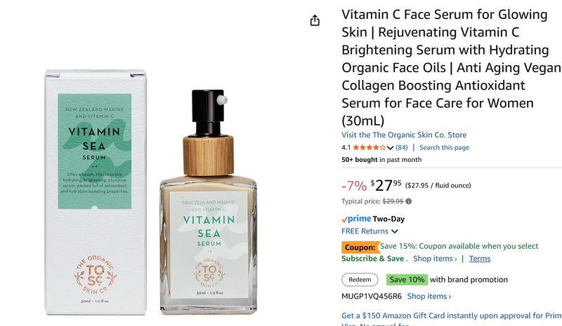 Vitamin C Face Serum for Glowing Skin Retail $27