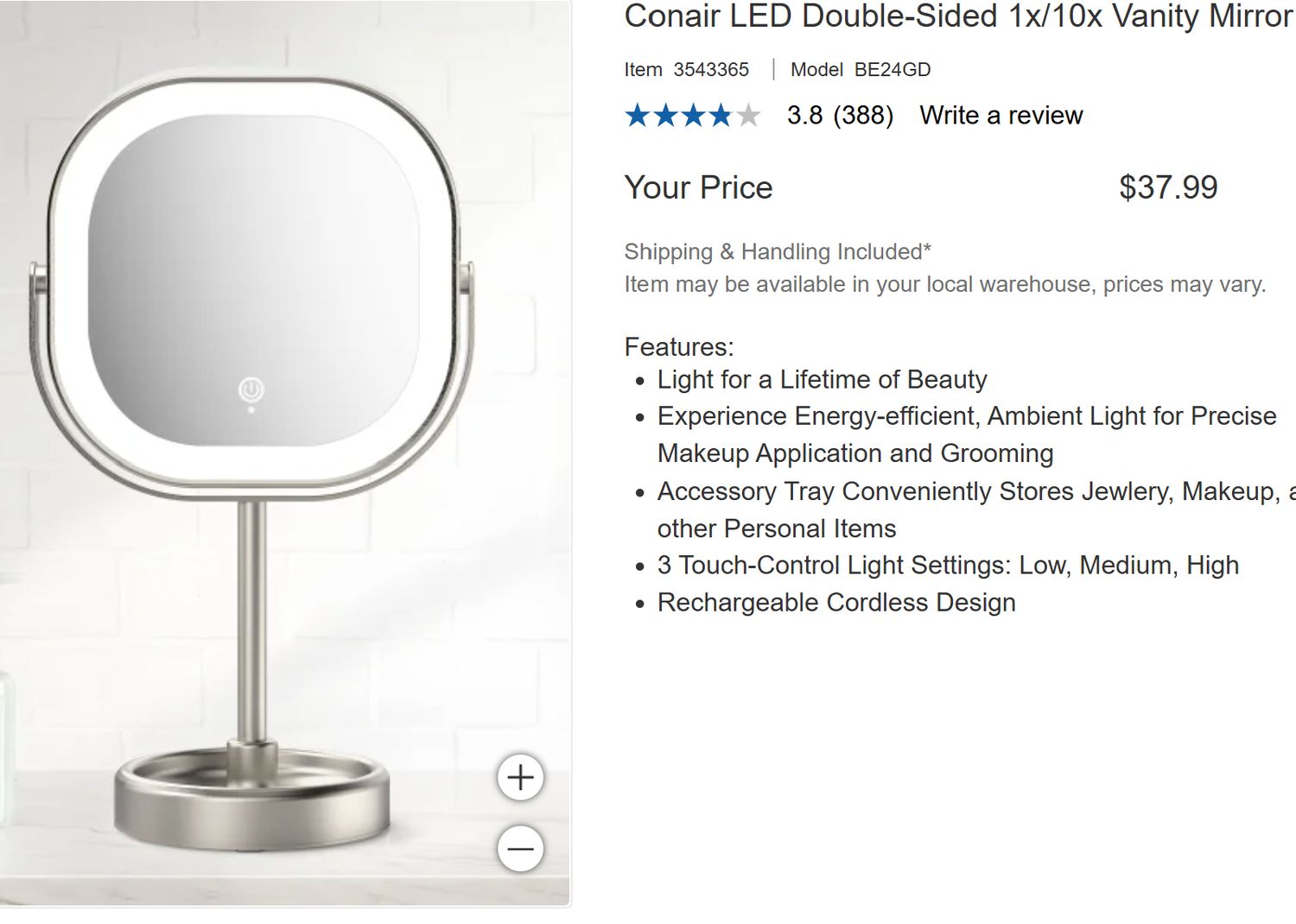 CONAIR VANITY MIRROR RETAIL $38