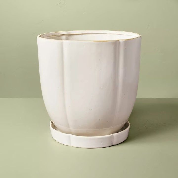 11.25" Stoneware Indoor/Outdoor Planter Pot with Saucer Cream - Hearth &amp; Hand with Magnolia