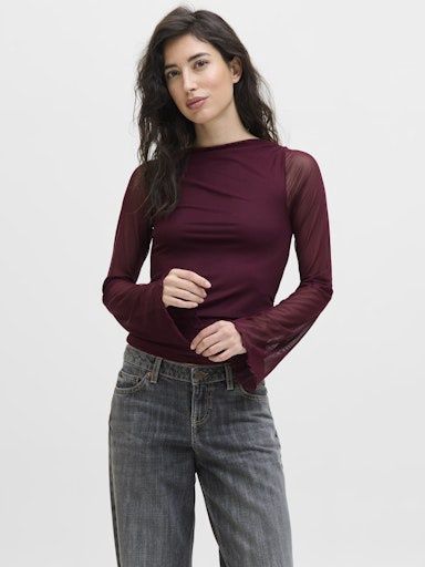 JJXX MINNA MESH LONG SLEEVE TOP, Colour: CABERNET, Size: XS