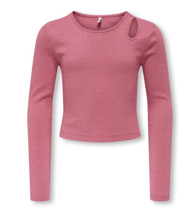 ONLY GIRLS TRINNY LONG SLEEVE CUT OUT GLITTER TOP, Colour: ROSE WINE, Size: 122/128 (7/8)