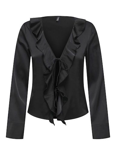 ONLY MIKA VIS SATIN FRILL TOP, Colour: BLACK, Size: XS