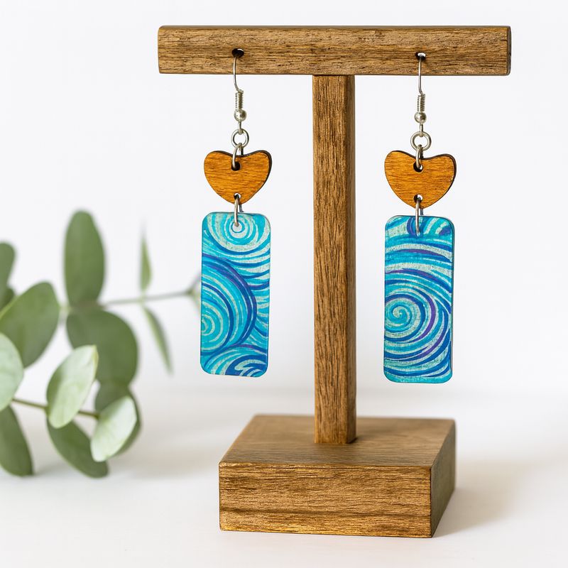 Boho Wood & Acrylic Swirl Rectangle Earrings