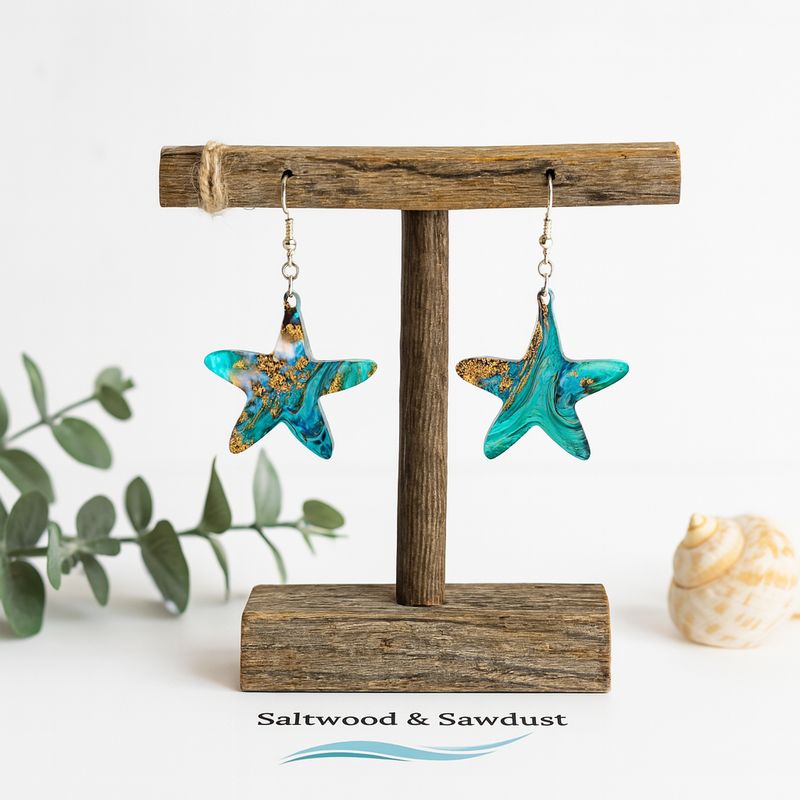Starfish Acrylic Earrings – Marbled Blue & Gold