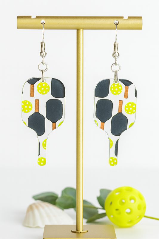 Pickleball Paddle Shape Earrings | Clear Acrylic Sports Jewelry with Neon Ball Print