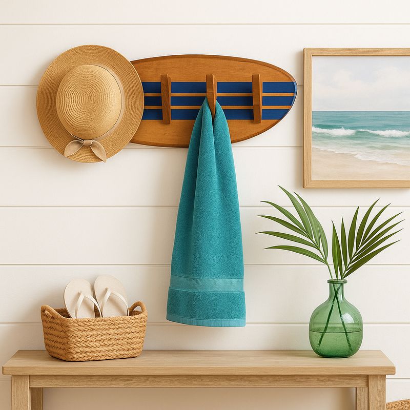 Handcrafted Wooden Surfboard Rack with Fin-Style Hooks | Reclaimed Wood Wall Hanger