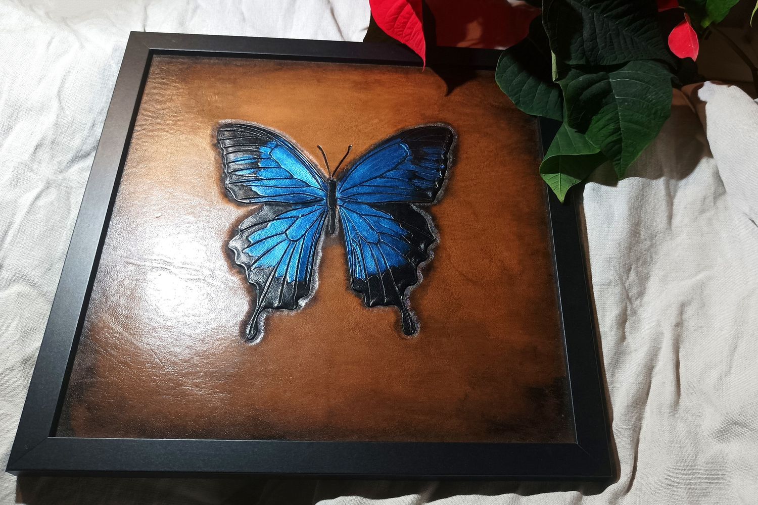 Obraz skórzany z motylem Morpho