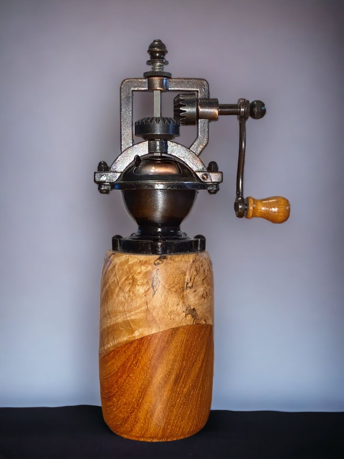 Antique Style Pepper Grinder: Maple Burl &amp; Narra
