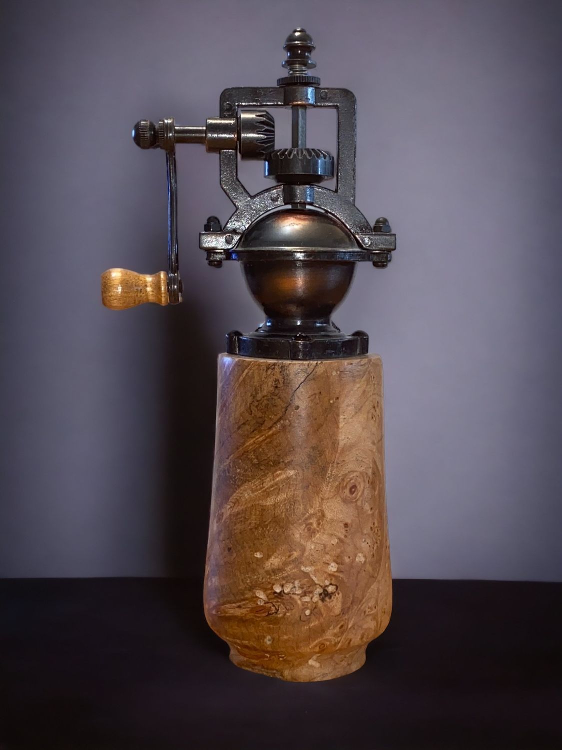 Antique Style Pepper Grinder: Maple Burl