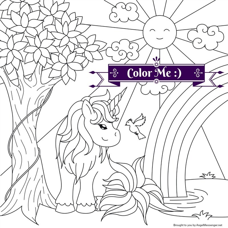 Tree, Unicorn &amp; Rainbow Coloring Page