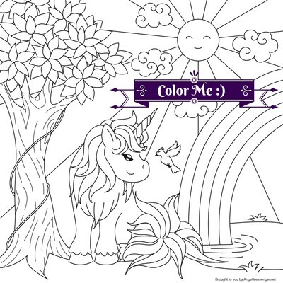 Tree, Unicorn & Rainbow Coloring Page