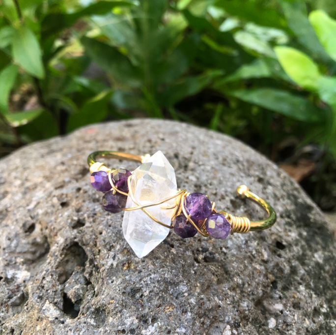 Crystal Quartz & Amethyst Gemstone Cuff Bracelet