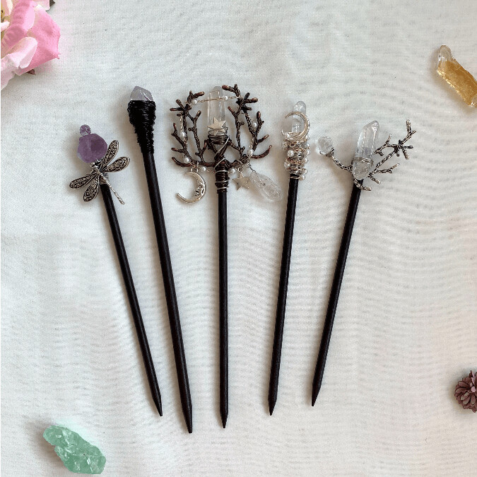 Handmade Vintage Wicca Moon Stars Crystal Branch Hair Sticks (Various Styles)
