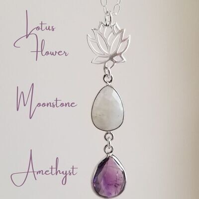 Amethyst and Moonstone Lotus Flower Pendant Necklace