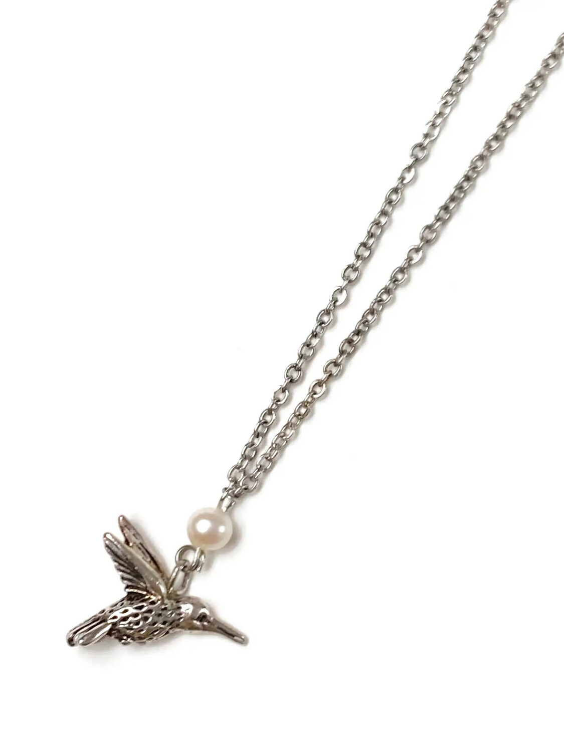 Antique Silver Hummingbird Freshwater Pearl Charm Necklace