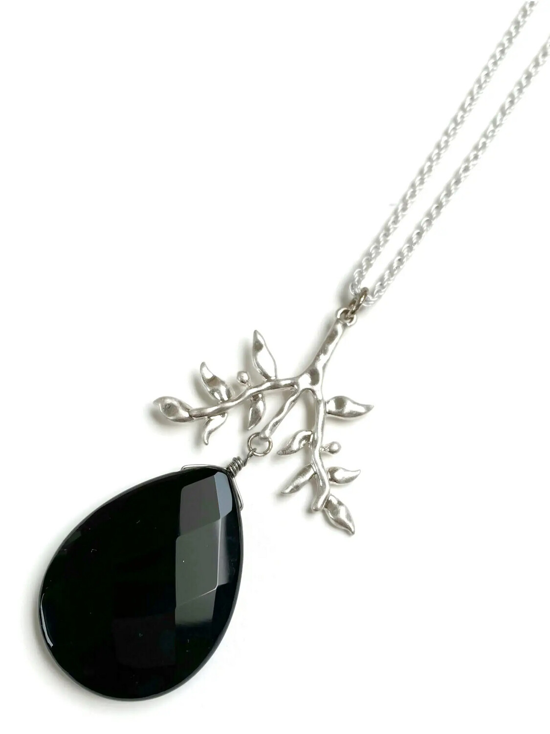 Silver Black Agate Branch Necklace