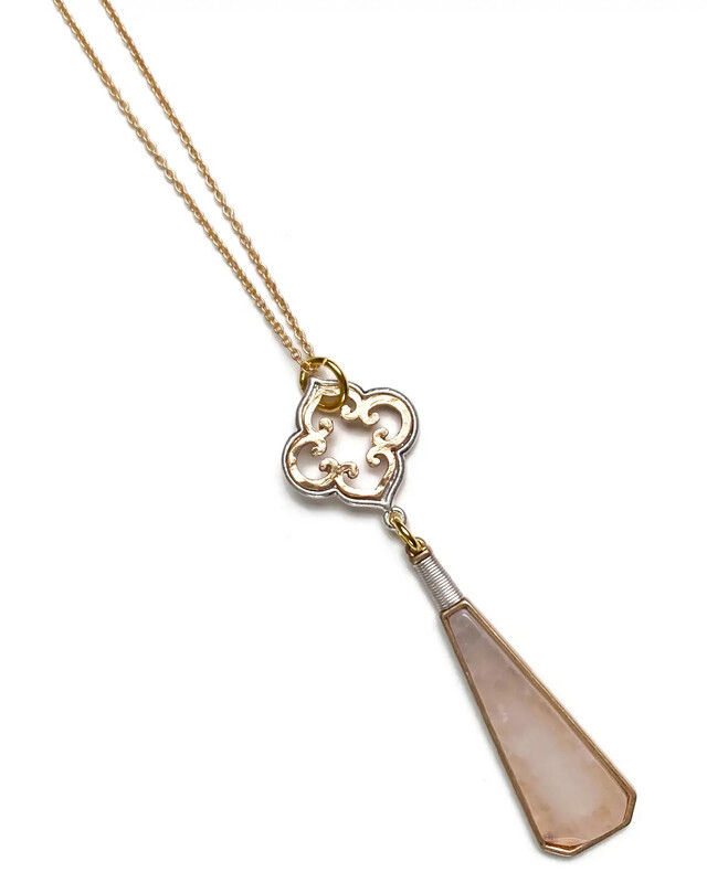 Two Tone Medallion Rose Quartz Pendant Necklace
