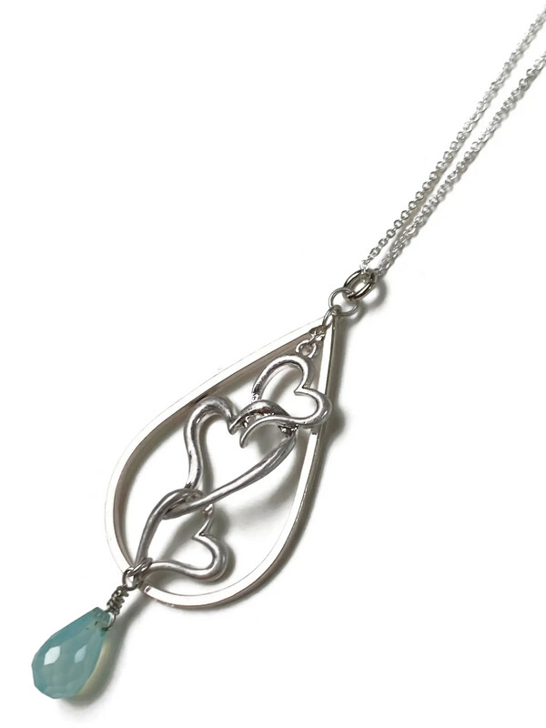 Silver Hearts &amp; Teardrop Chalcedony Pendant Necklace