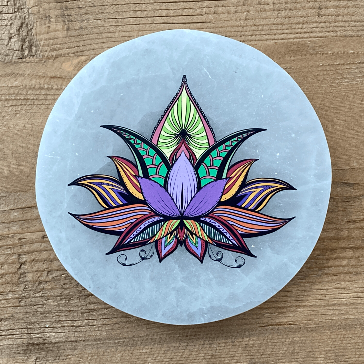 Engraved Selenite Color Lotus Flower Disc