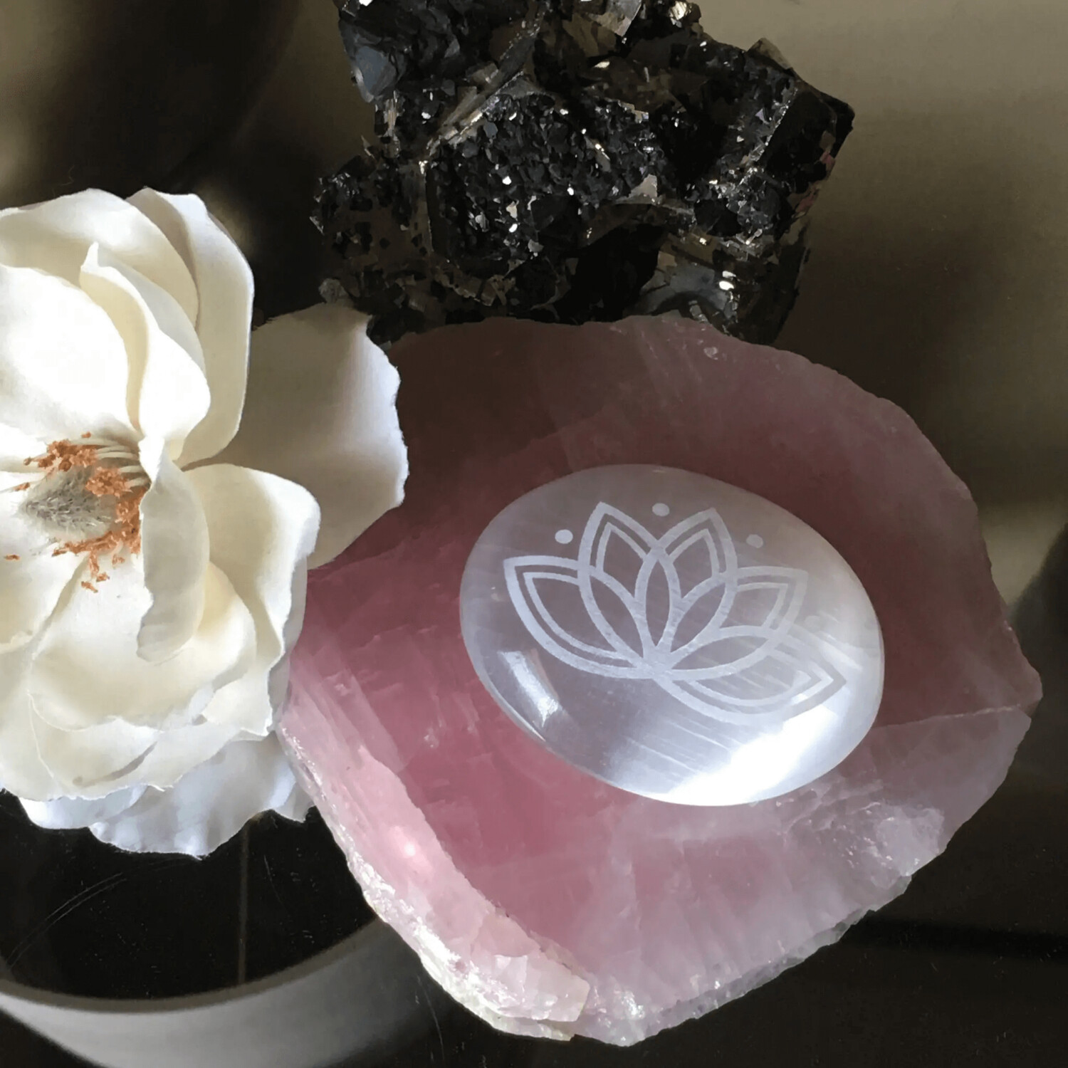 Engraved Selenite Lotus Bloom