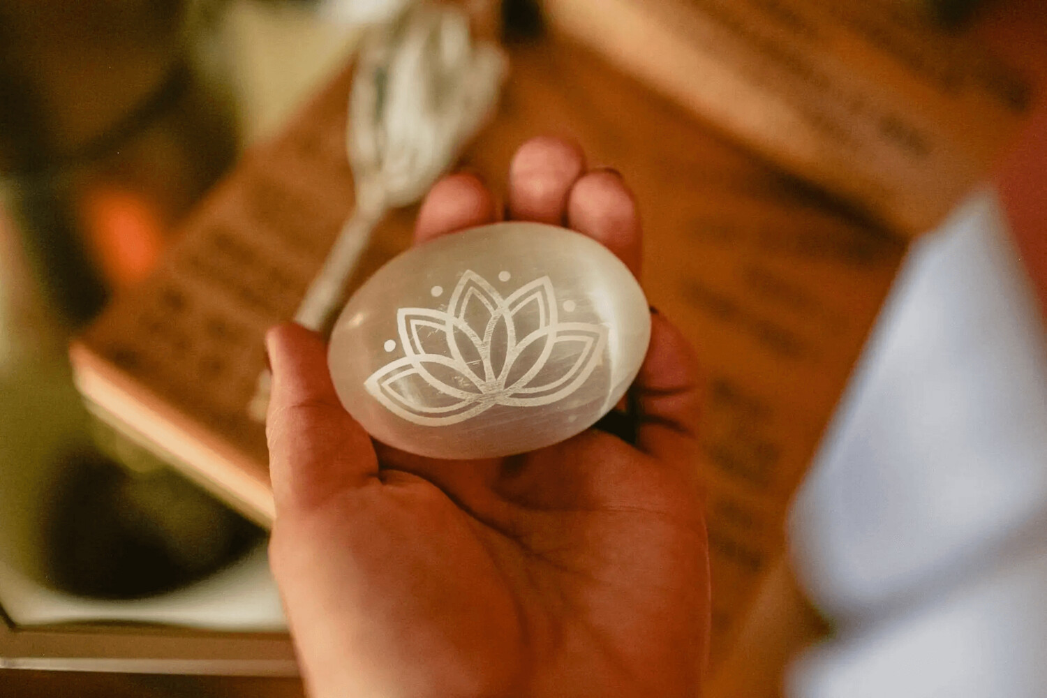 Engraved Selenite Lotus Bloom