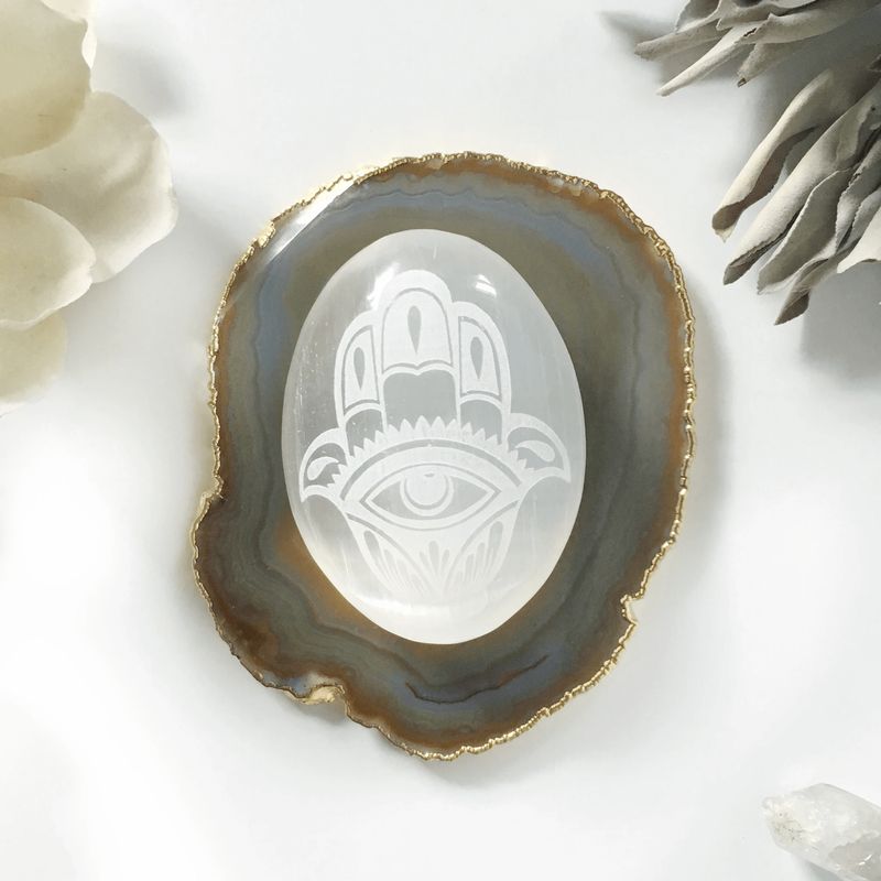 Engraved Selenite Hamsa Hand (Evil Eye)