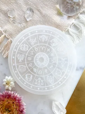 Zodiac Engraved Selenite Charging Plate Crystal Grid