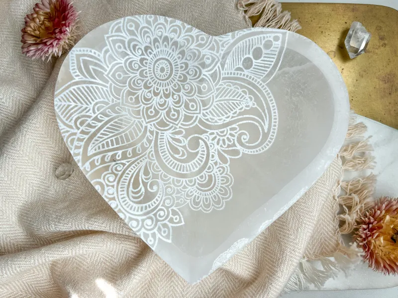 Henna Heart Selenite Crystal Dish Bowl