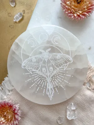 Mystic Luna Moth Engraved Selenite Charging Plate