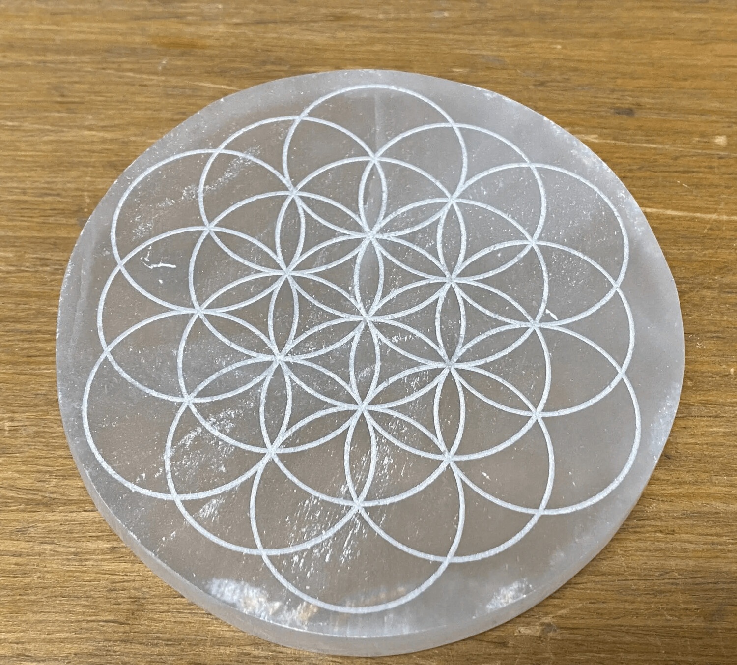 Engraved Selenite Flower of Life Disc