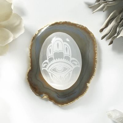 Engraved Selenite Hamsa Hand (Evil Eye) Engraved Selenite Hamsa Hand (Evil Eye)