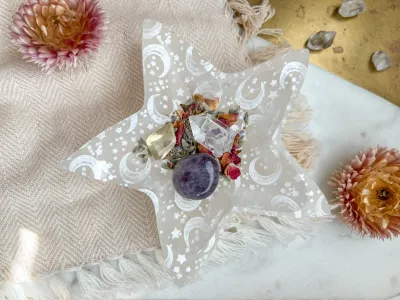 Engraved Selenite Star Bowl Trinket Dish