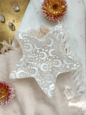 Engraved Selenite Star Bowl Trinket Dish Engraved Selenite Star Bowl Trinket Dish
