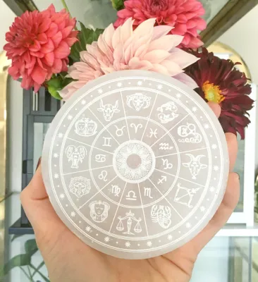 Zodiac Engraved Selenite Charging Plate Crystal Grid