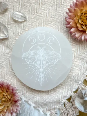 Mystic Luna Moth Engraved Selenite Charging Plate