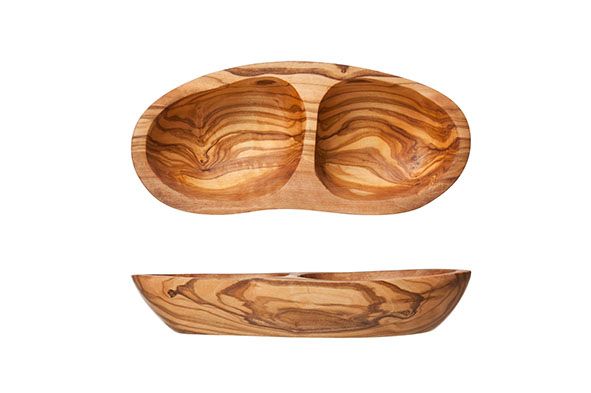 ANTIPASTI BORD MET 2 COMPARTIMENTEN 20X8-9XH3,5CM OLIJFHOUT Artikel code 1131953/632