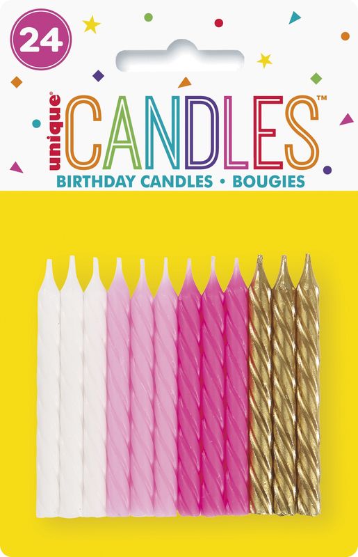 Pink  White &amp; Gold Spiral Birthday Candles  24ct