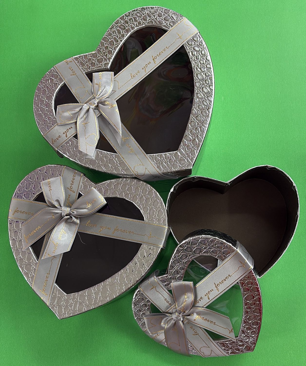 Heart Box 3 Pcs Silver Shiny Window