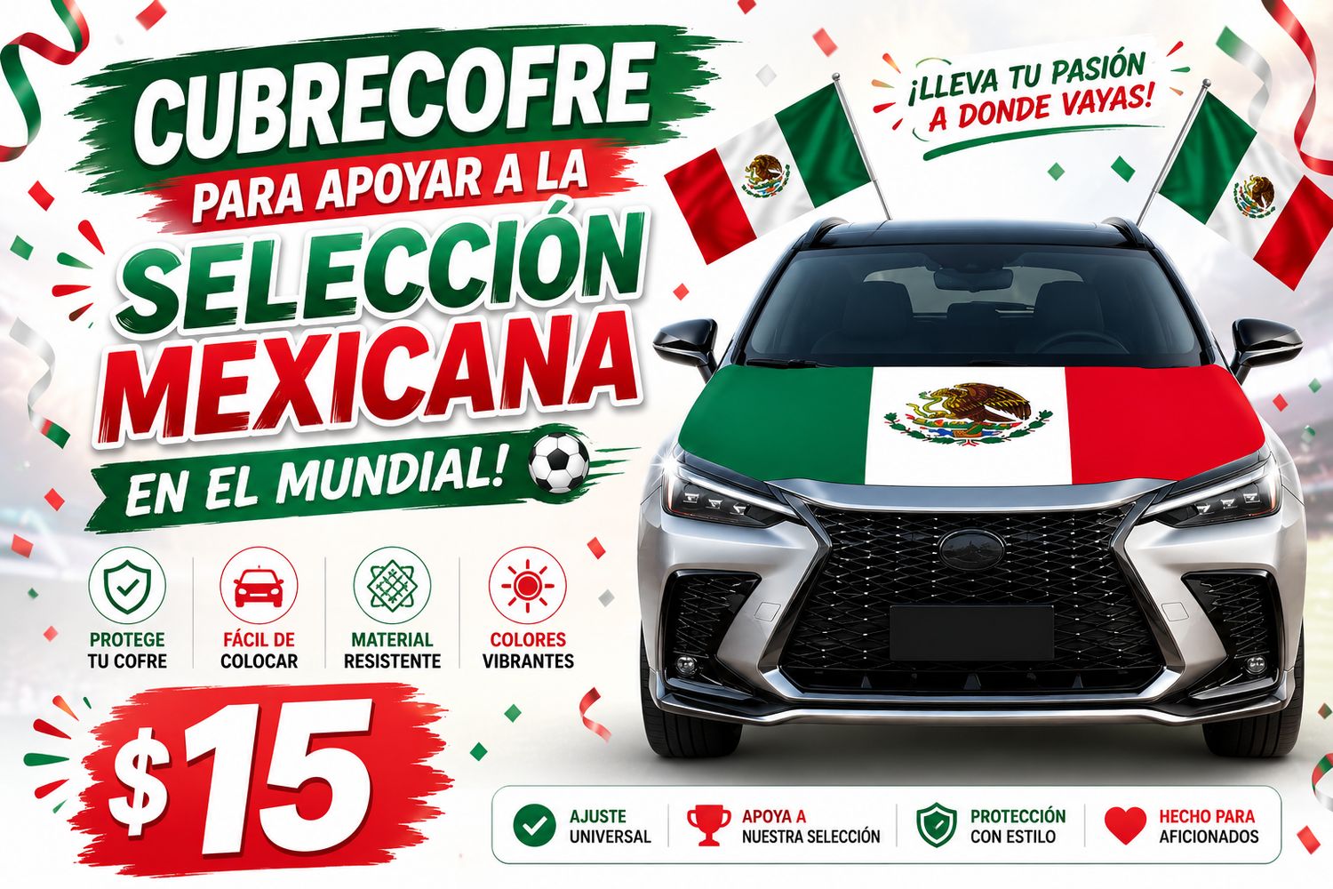 Cubre Cofre de Tela con Bandera Mexico