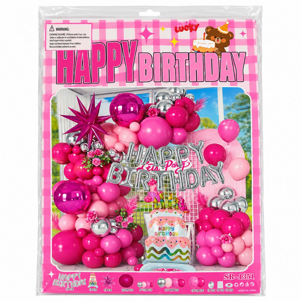 Birthday Garland Kit 57pcs - Pink Cake &amp; Silver Letters