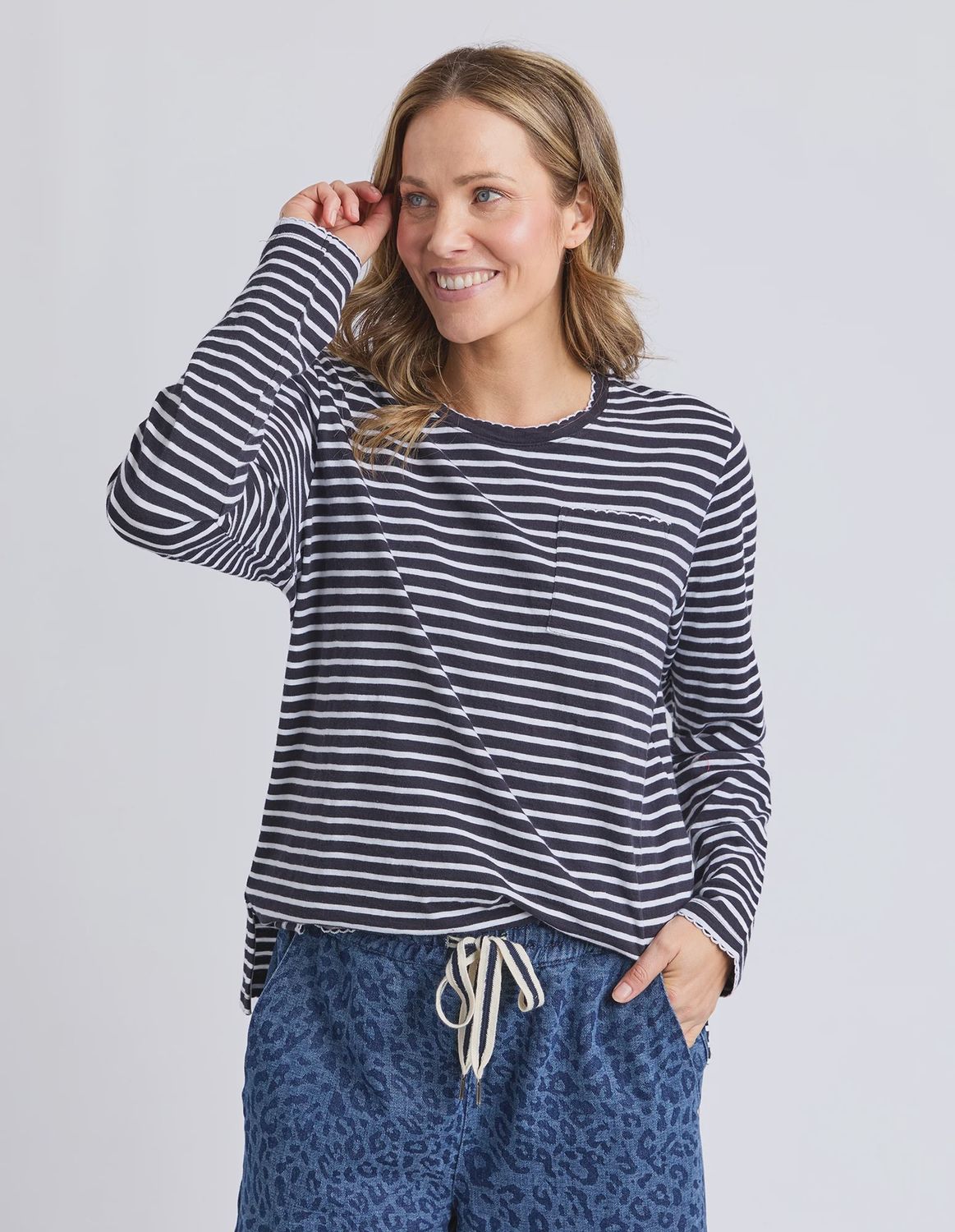 Elm | Drea Long Sleeve Tee | Navy/White Stripe