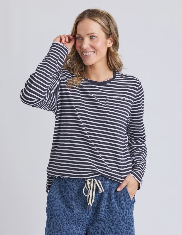 Elm | Drea Long Sleeve Tee | Navy/White Stripe